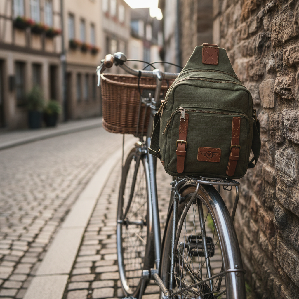 Sling crossbody bag clipped to a vintage bicycle frame on a cobblestone street