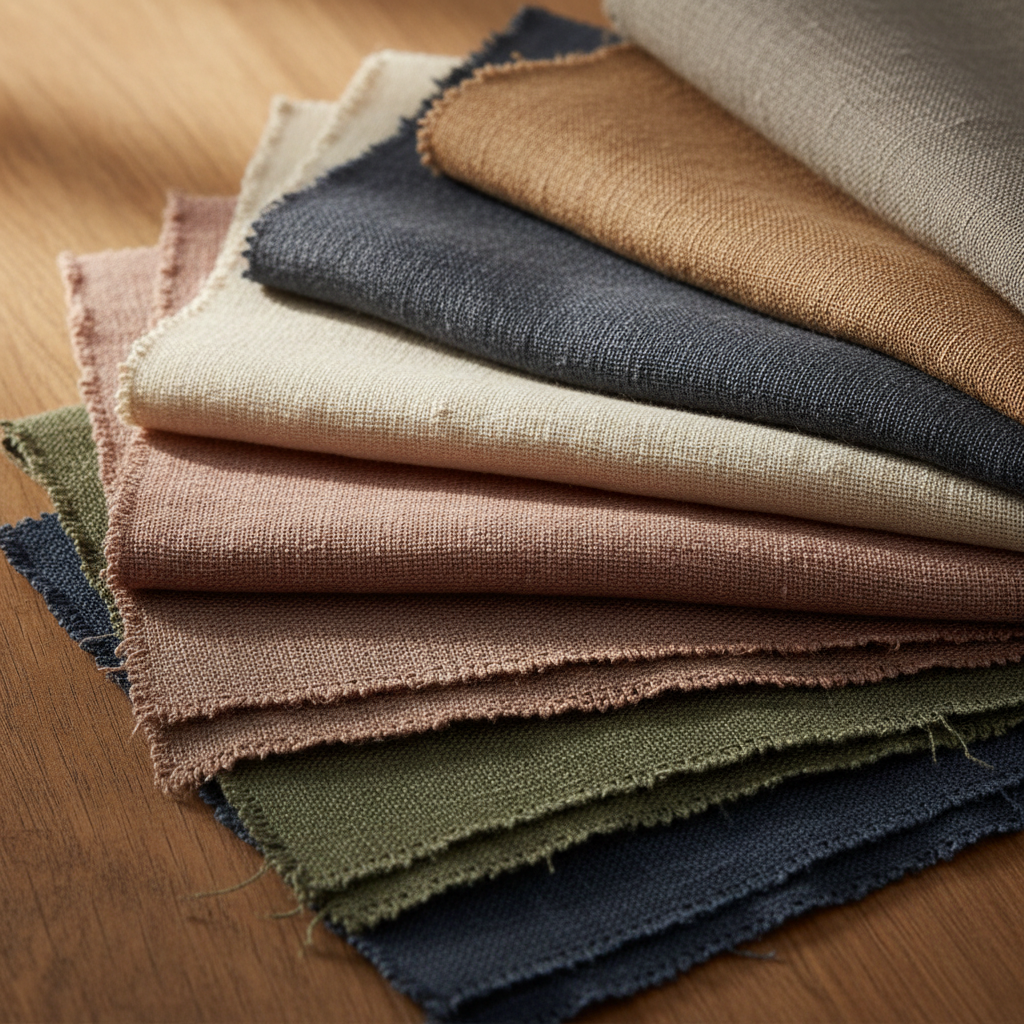 Textile fabric swatches in neutral tones laid flat, blended weave patterns visible, studio light