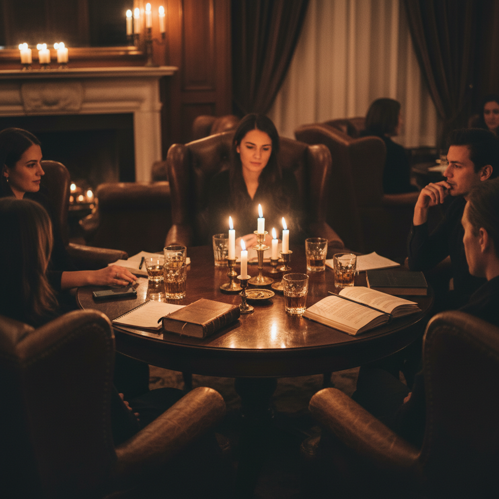 Elegant private meeting room, two figures in conversation, warm directional lamp light, dark walls, intimate atmosphere