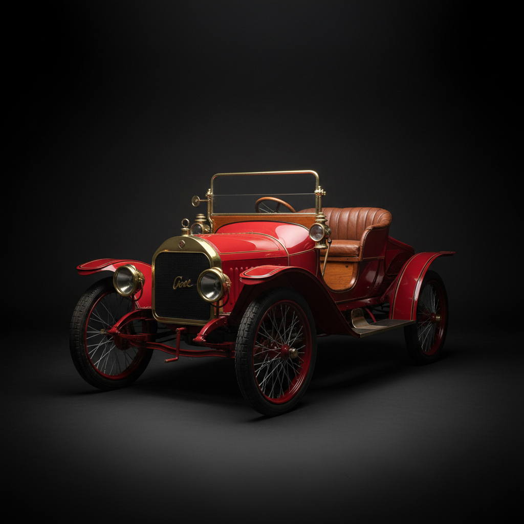 Vintage curved-dash Oldsmobile runabout on dark background, museum display lighting on red painted body and wire-spoke wheels