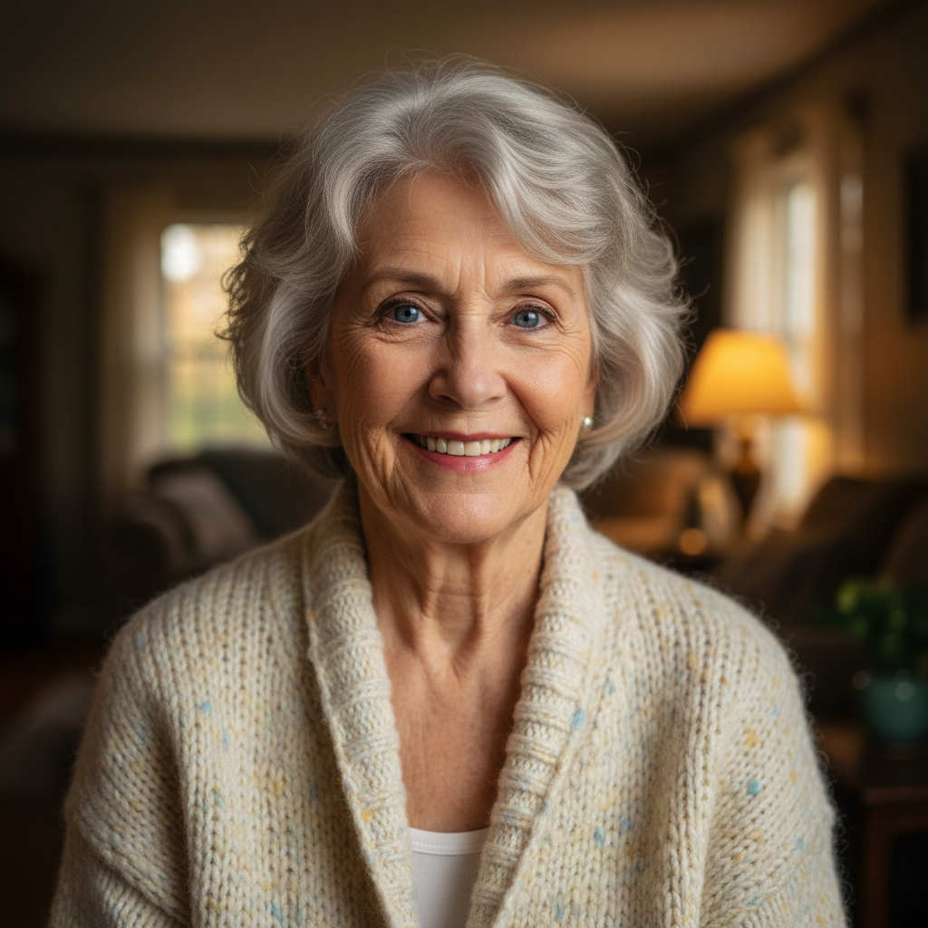 Evelyn, a 76-year-old woman with short gray hair and bright eyes, wearing a cardigan, photographed in a warmly lit community room