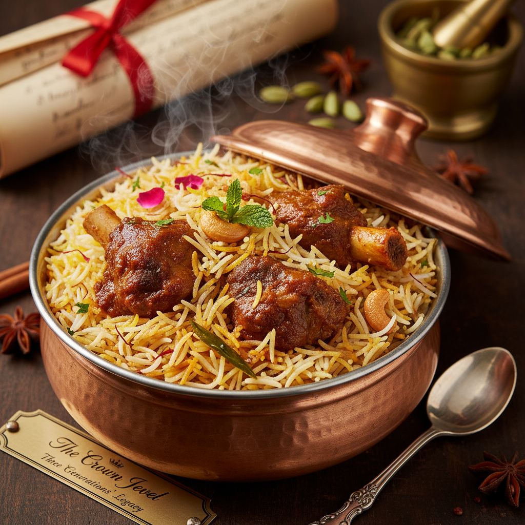 MelaRose Signature Biryani — Our crown jewel — aged basmati rice layered with saffron-mar