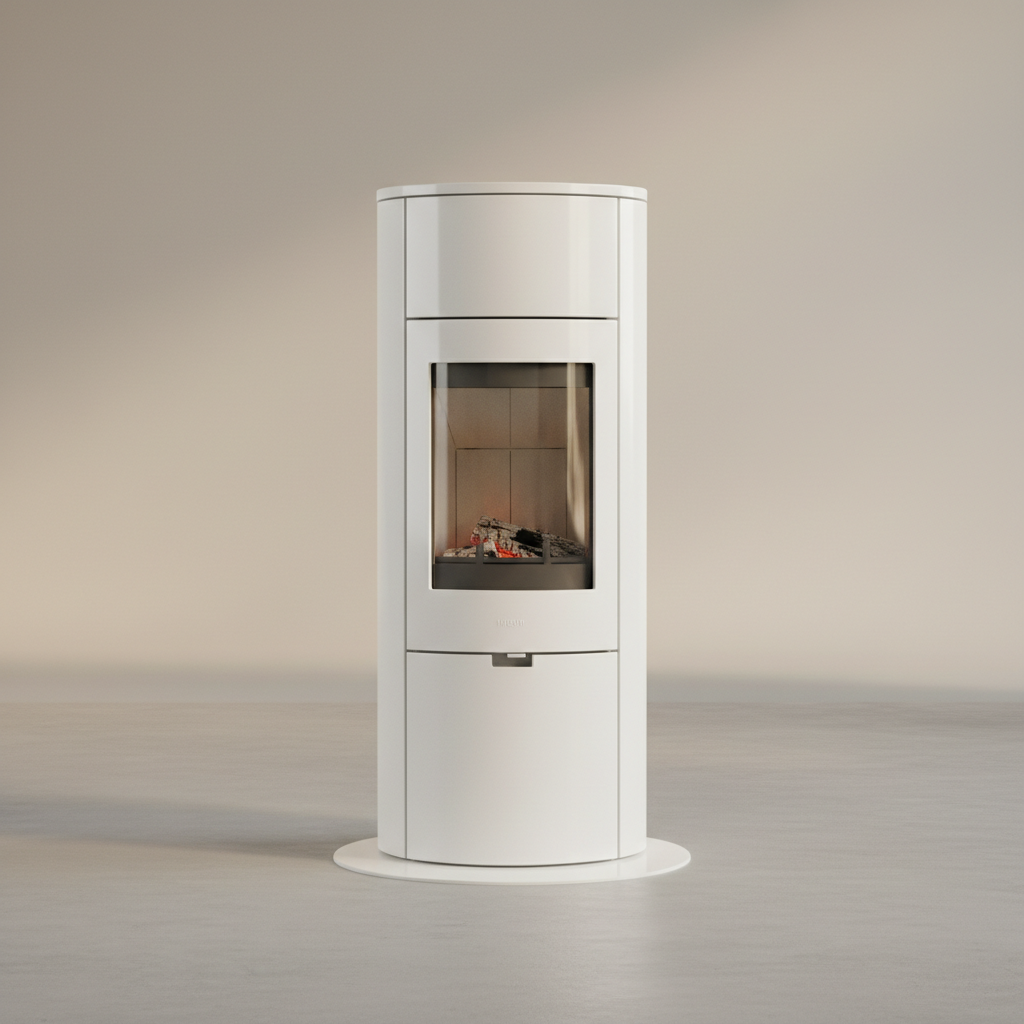 Hwam 3520 Scandinavian designer wood burning stove, white enamel, minimalist form