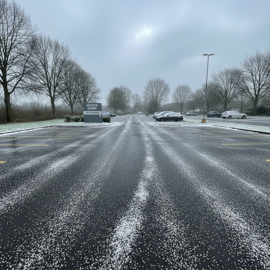 Commercial car park with cleared lanes and salted surfaces in winter, entrance gritted and safe