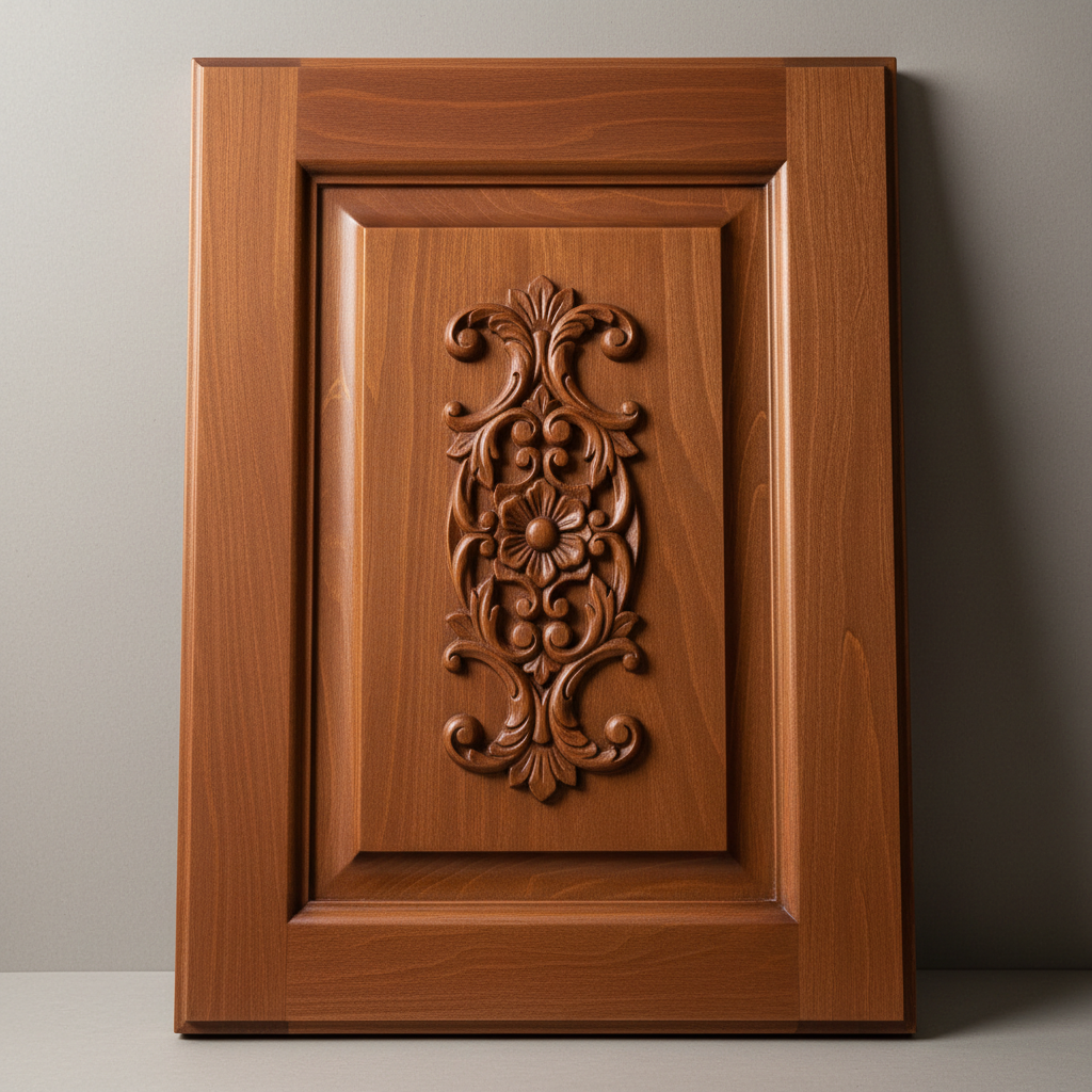 Cherry wood storage cabinet with raised panel doors, warm reddish tone, traditional style