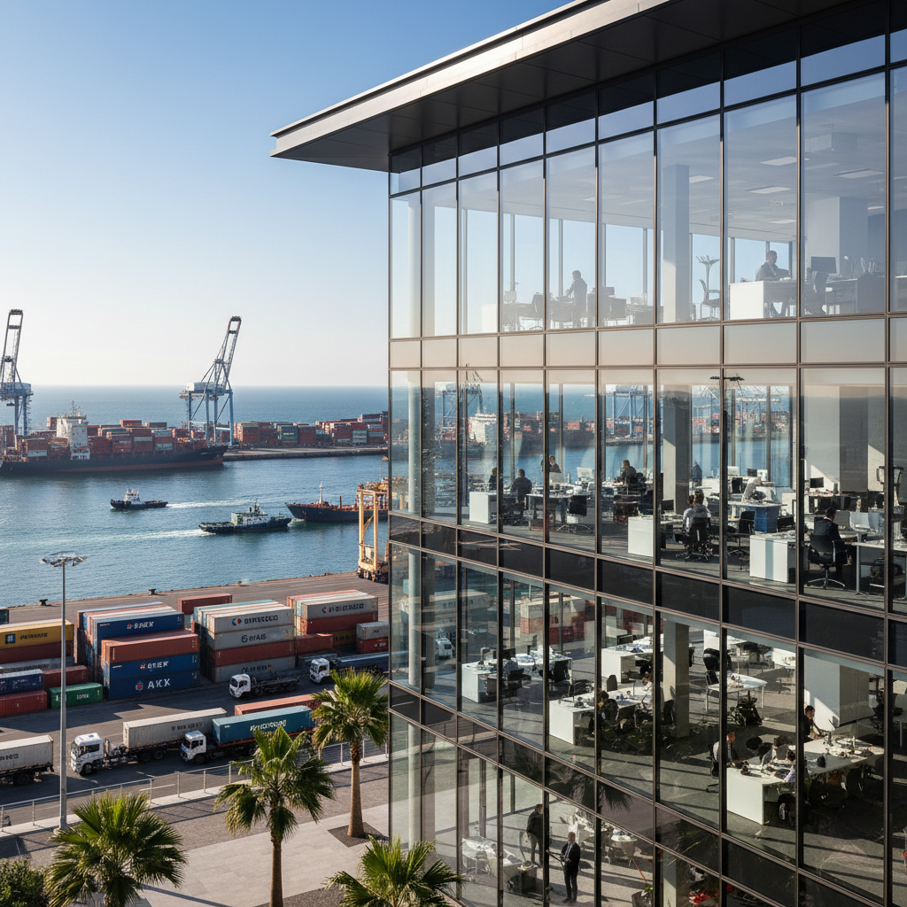 Modern office building with glass facade representing international maritime organization