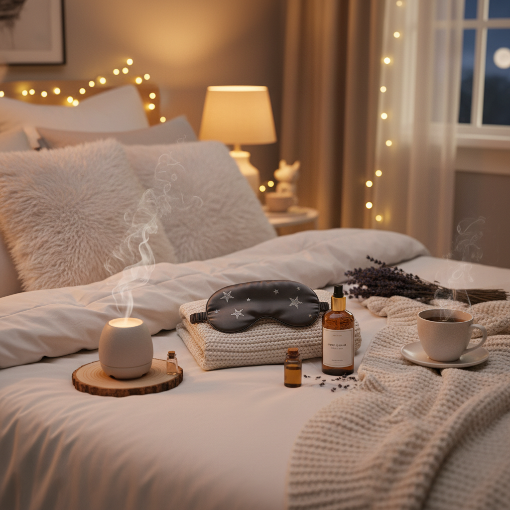 Cozy bedroom scene with dim lighting and person preparing for sleep with calming atmosphere