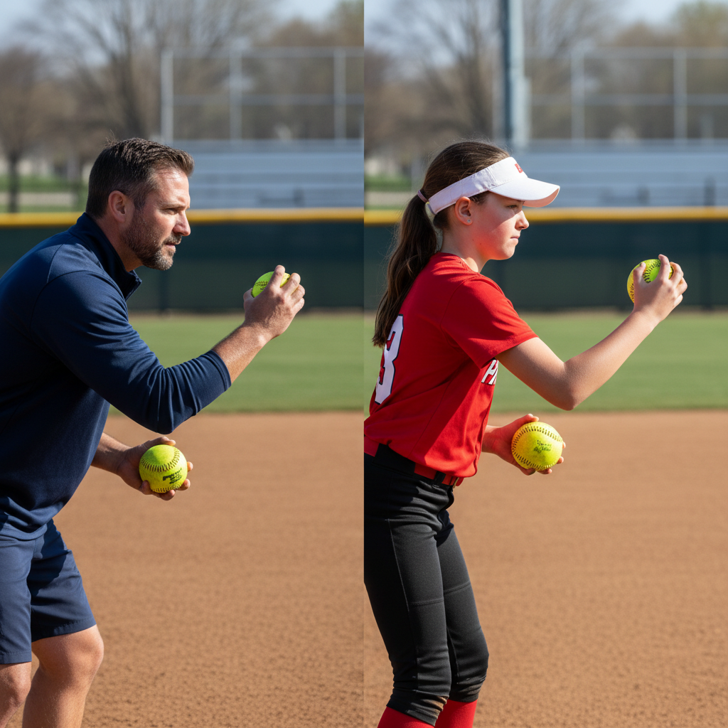 Coach demonstrating wrist snap technique to young player, side-by-side comparison