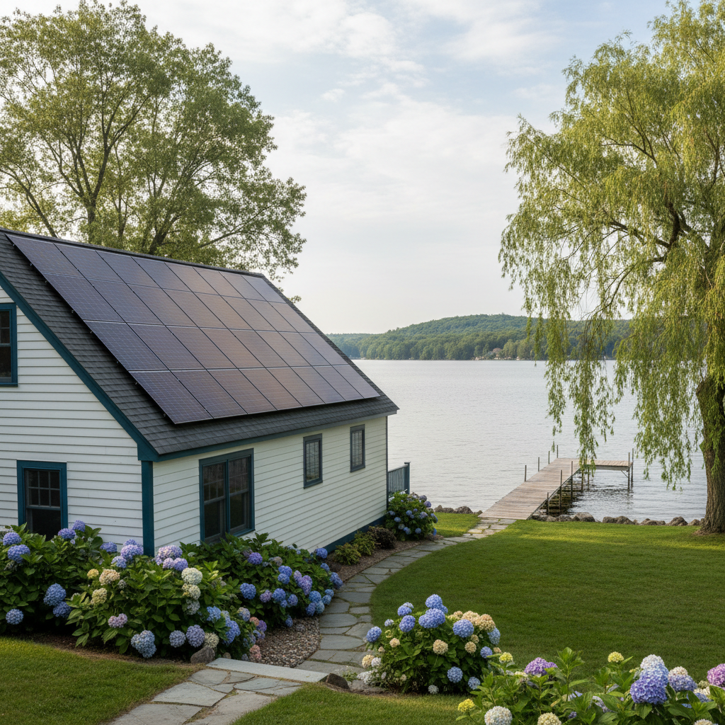 Lakefront cape cod home with 22 panels on back-facing roof visible from street, dock and mature willows in background