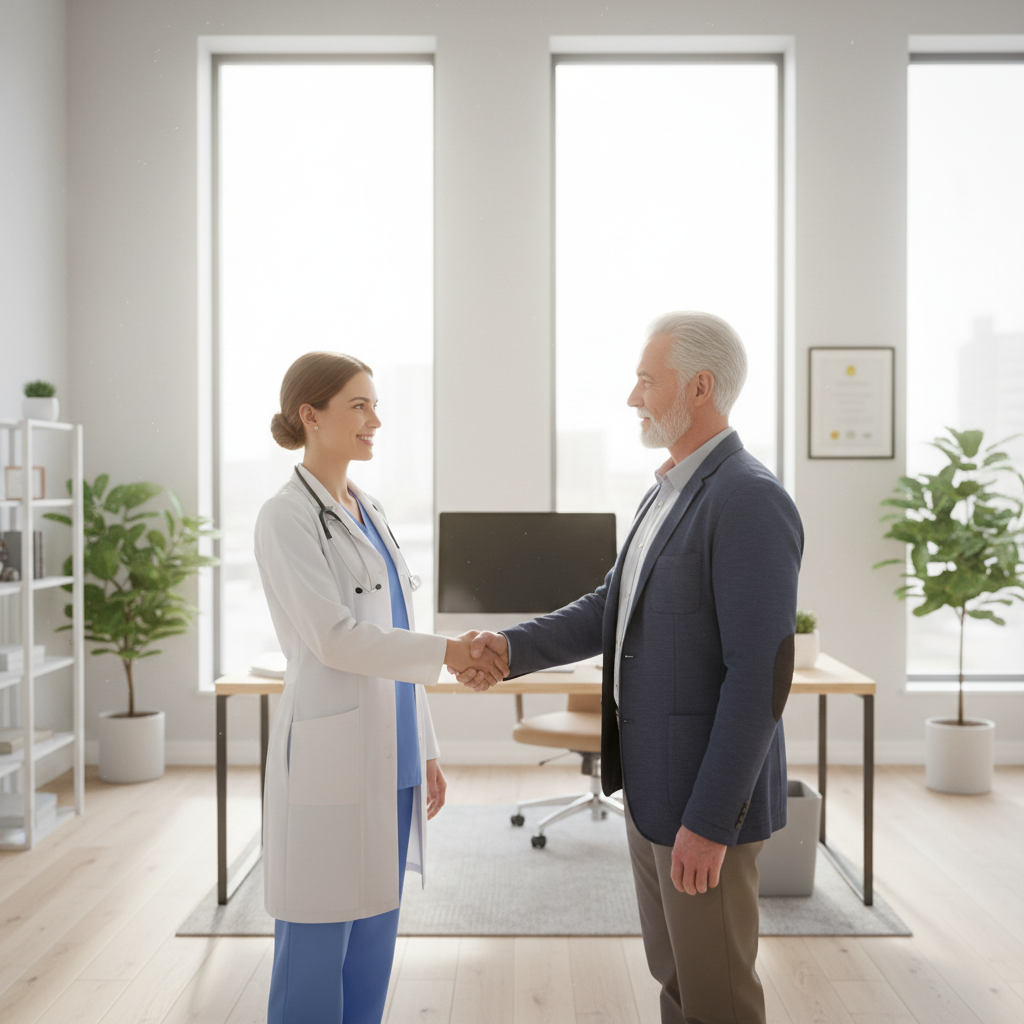 Doctor and patient shaking hands warmly in a bright medical office, conveying ongoing relationship