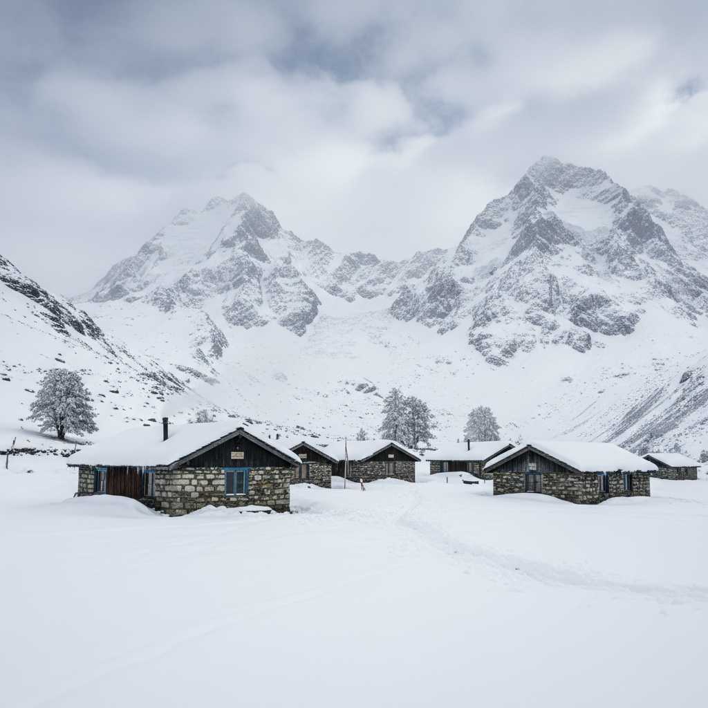 Mountain camp cottages surrounded by snow-capped Himalayan peaks near Kedarnath