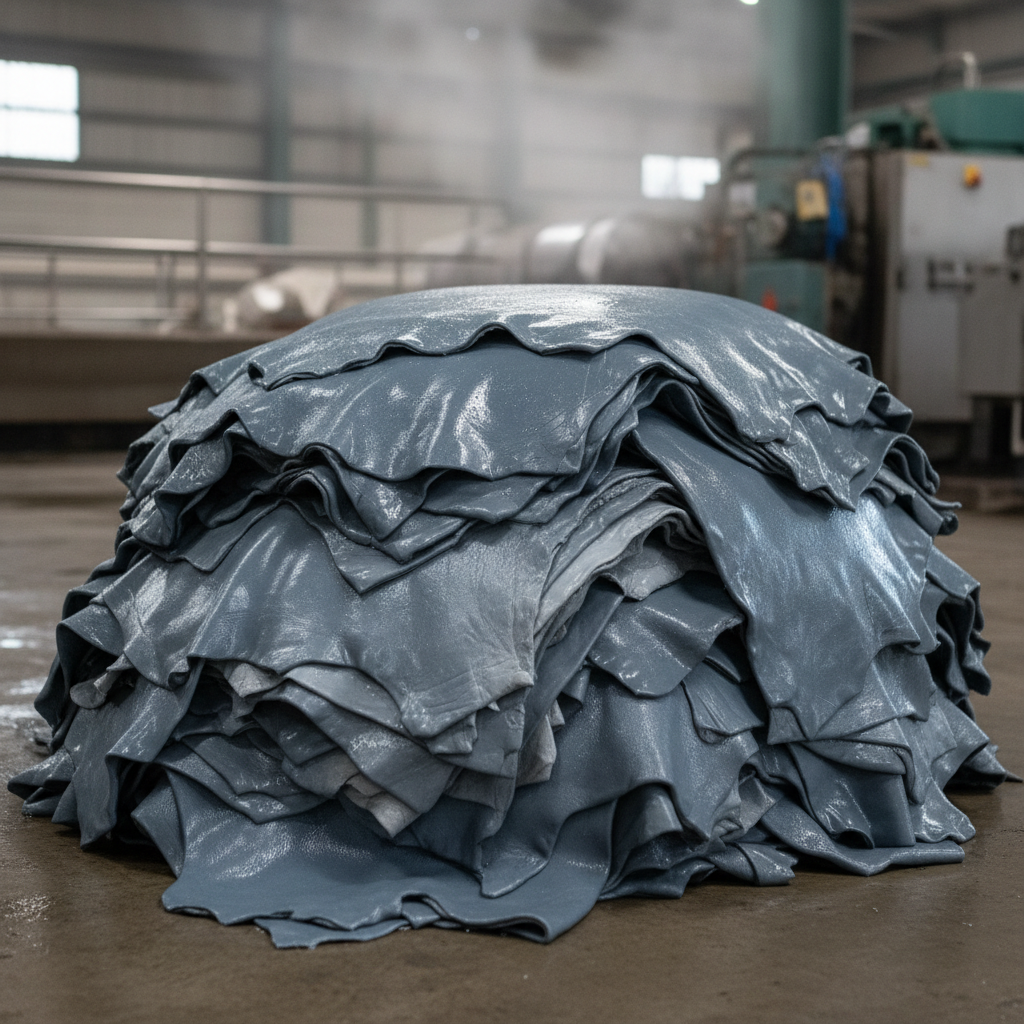 Stacked wet blue processed leather hides, blue-grey color from chrome tanning process