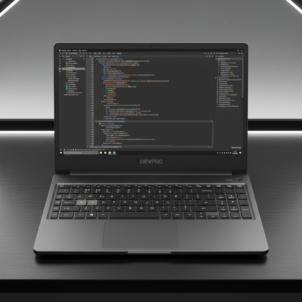 Open sleek laptop on dark desk, glowing screen with code, low-key atmospheric dim lighting