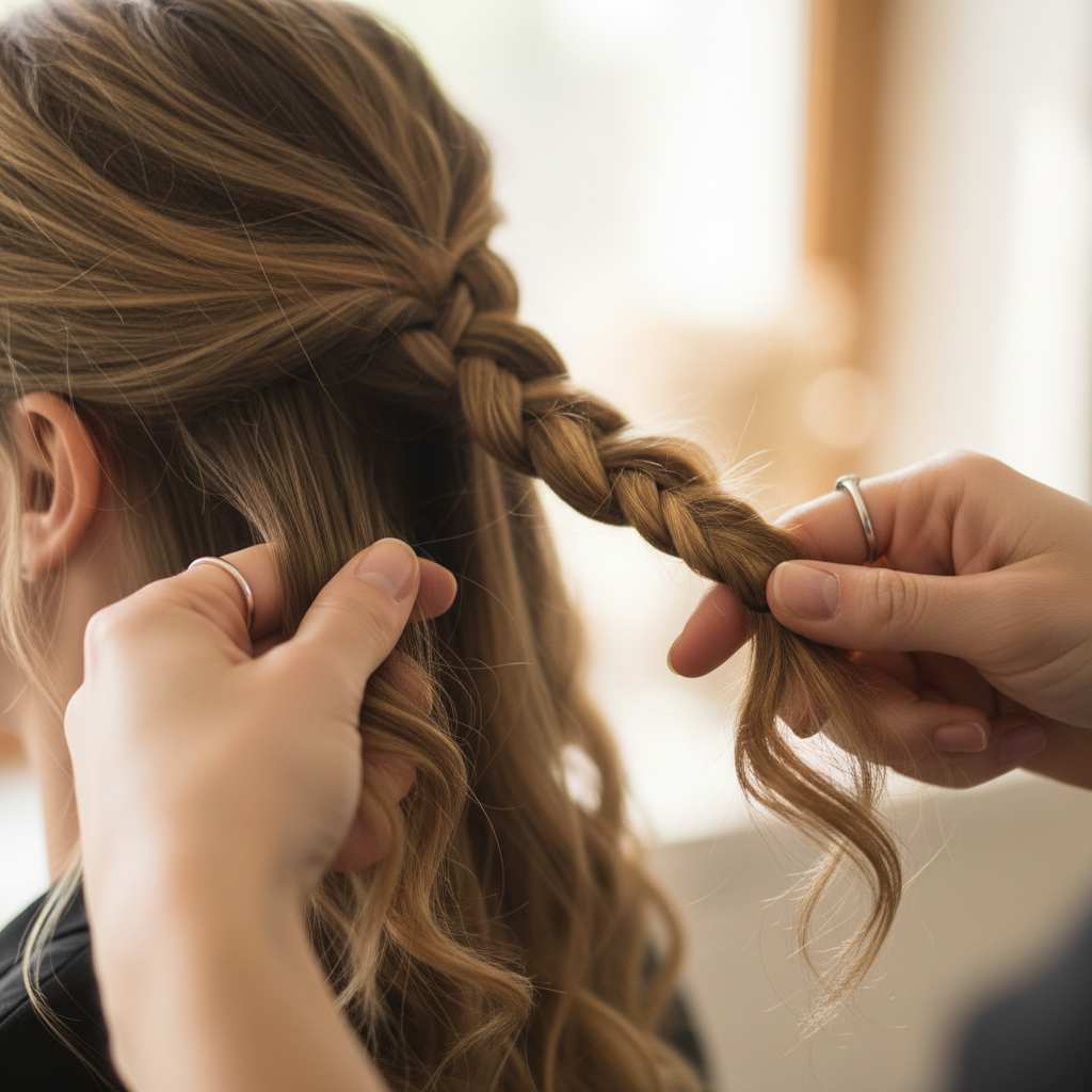 Luxurious braided hair close-up, deep shadows, dark warm studio, professional hair artistry