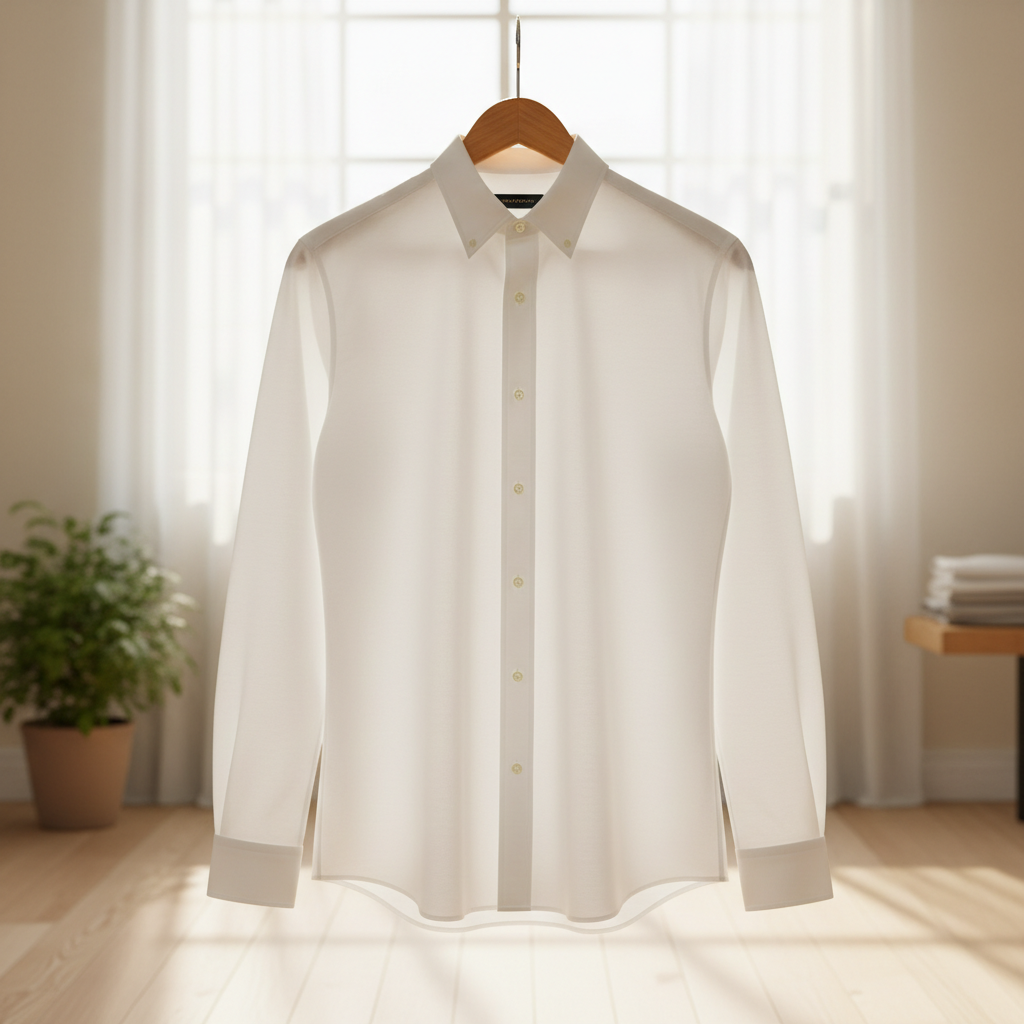 Bright minimal studio with white oxford shirt on wooden hanger, soft daylight, clean background