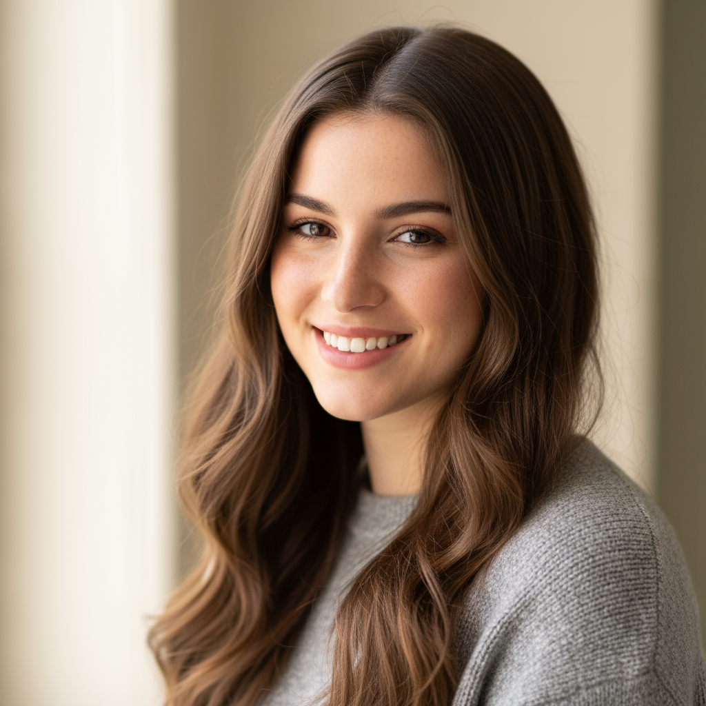 Young woman with friendly smile and casual confident style