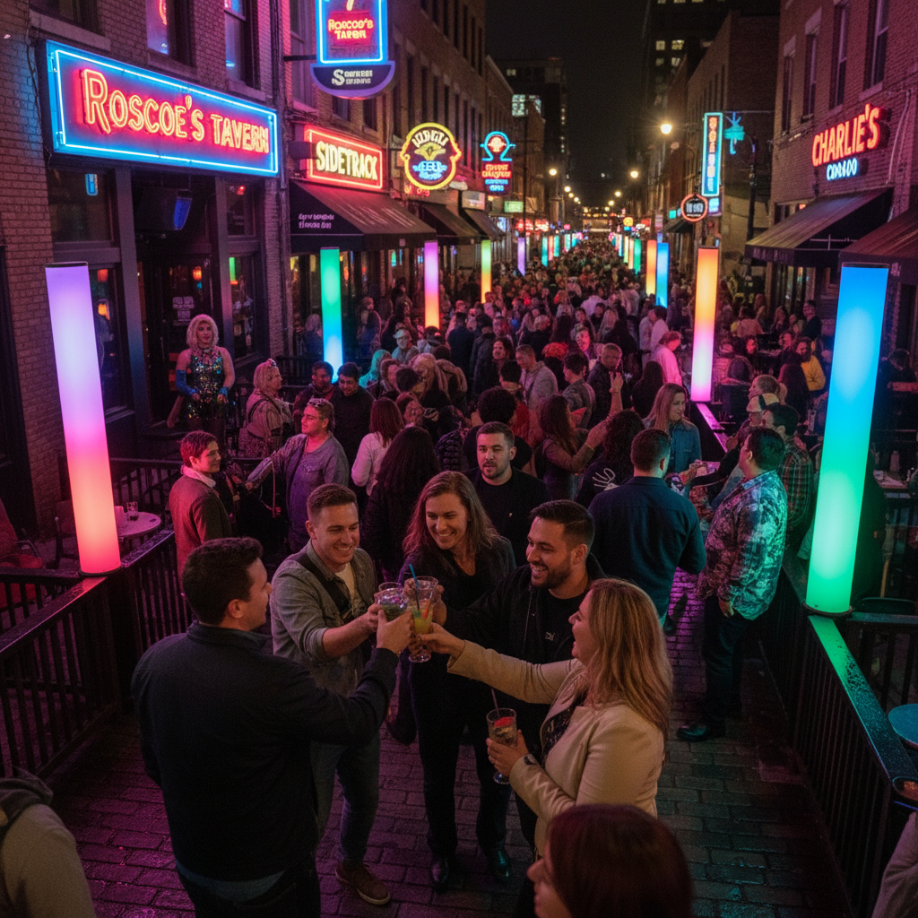 Boystown Chicago bar scene on Halsted Street with rainbow pylons and diverse LGBTQ+ crowd