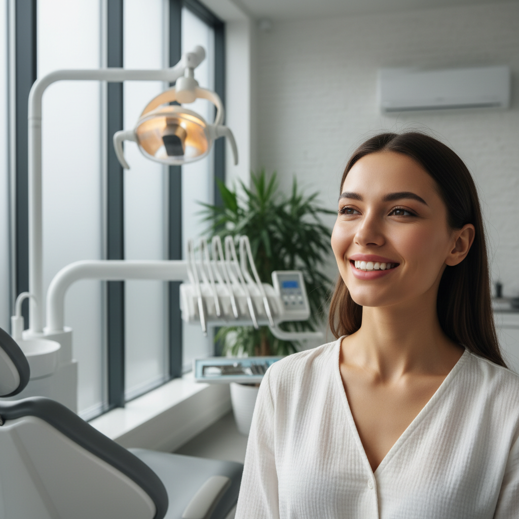 Professional woman with dark hair in dental office setting