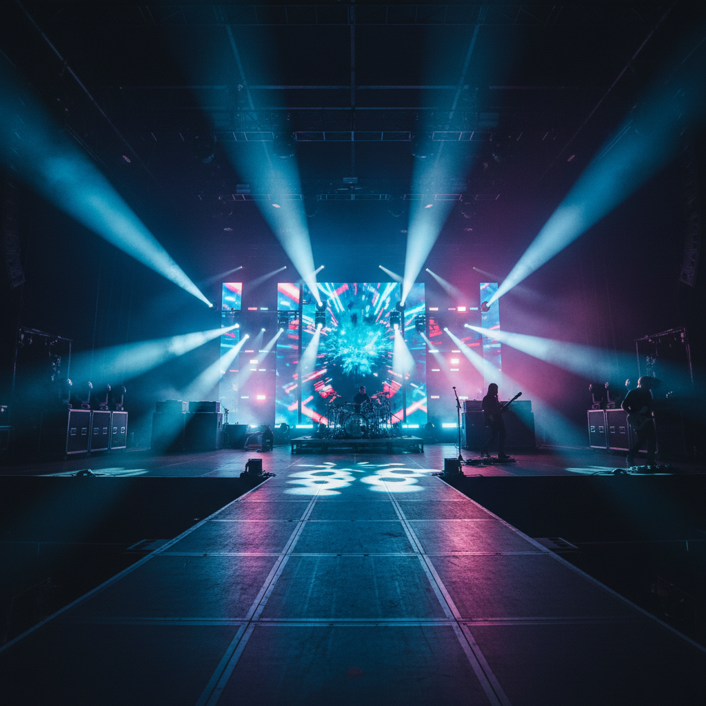 Dark concert venue with blue and purple stage lighting, atmospheric music event
