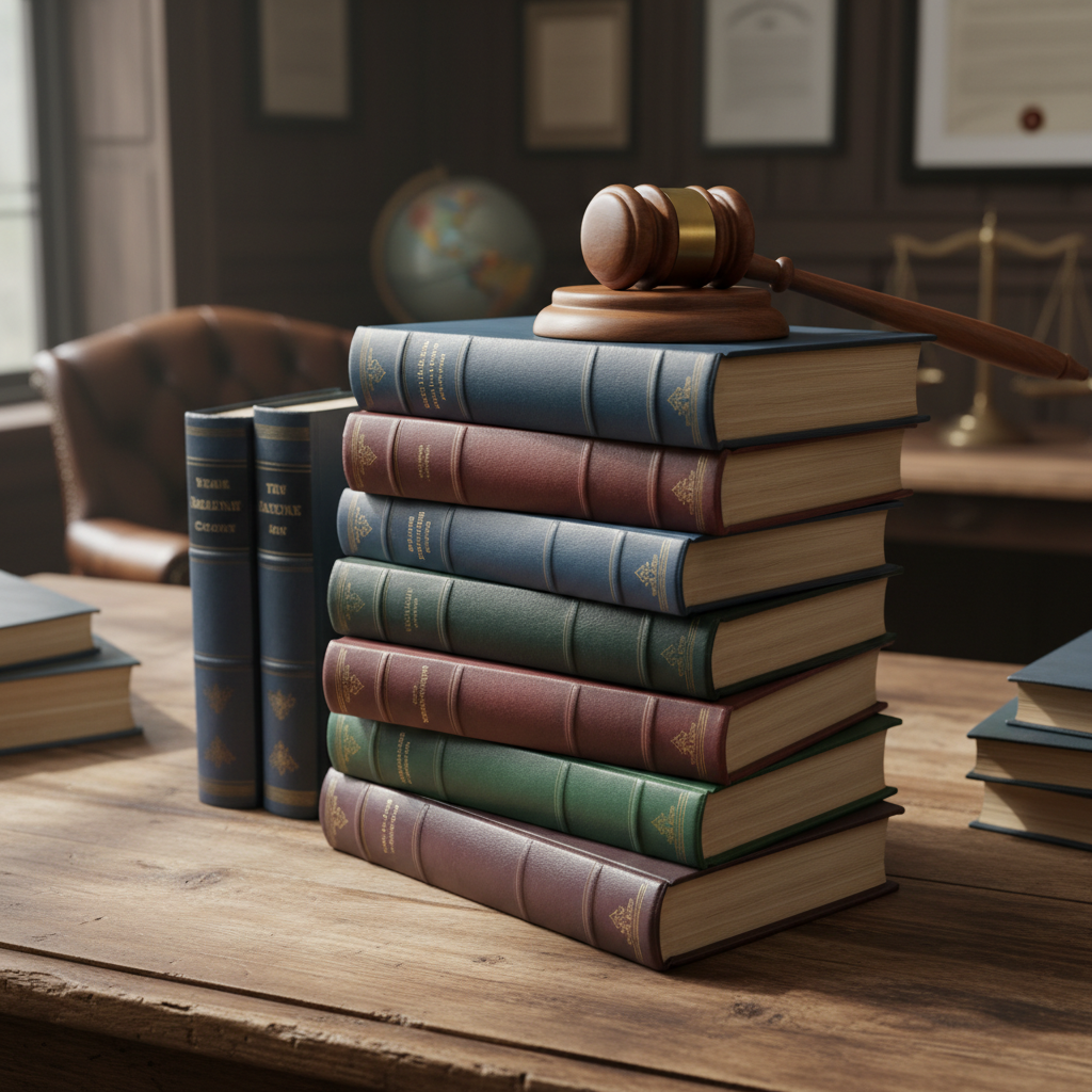 Legal books and gavel on a bright professional law office desk