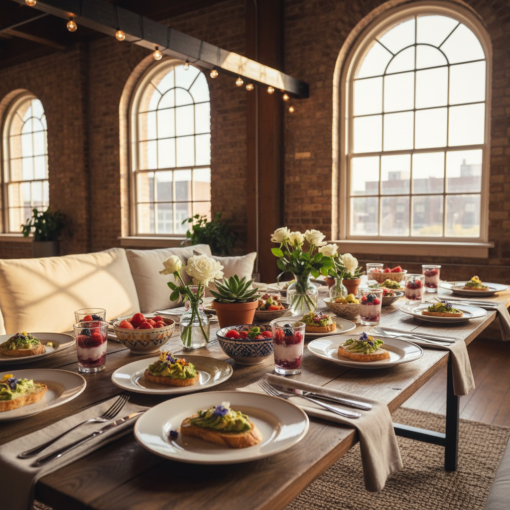 Colorful brunch café with floral decorations and avocado toast on marble table