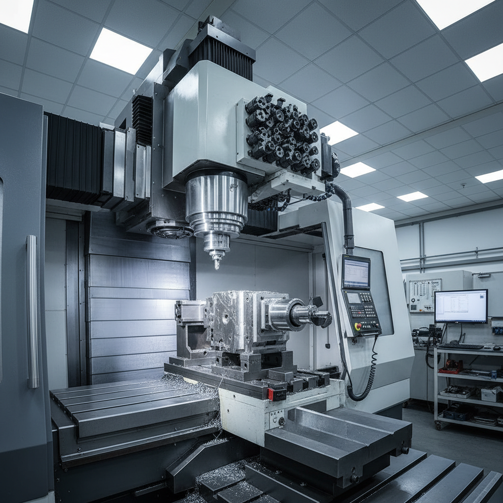 Large industrial CNC machinery in factory, dramatic overhead lighting, dark steel environment, machinery in operation