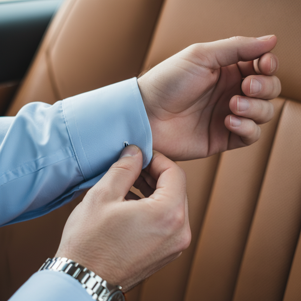 Close crop of hands adjusting shirt cuffs over a leather rear seat