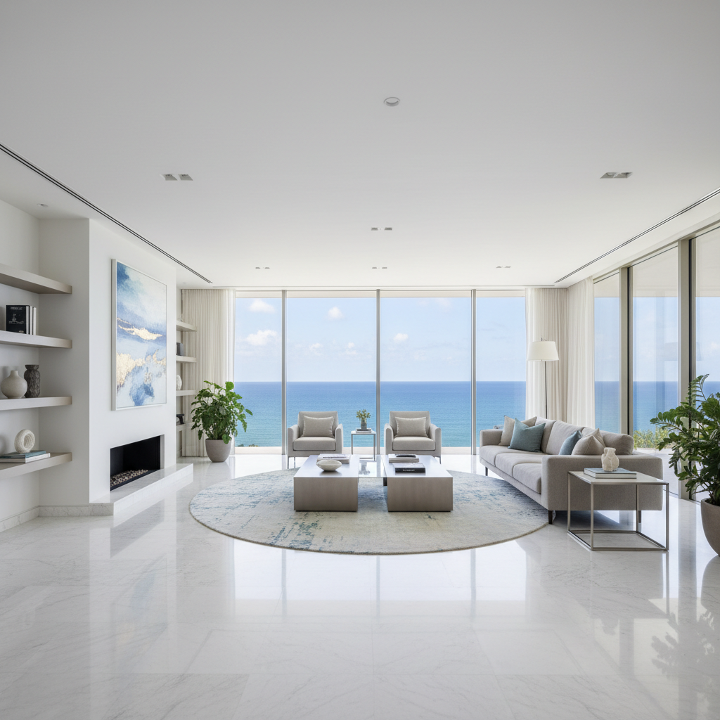 Elegant 3 BHK living room with floor-to-ceiling windows and premium finishes