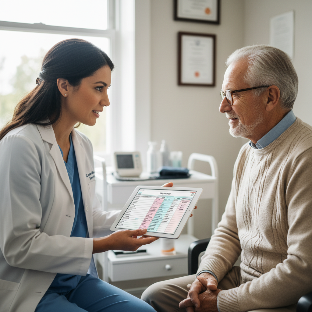 Medical provider reviewing medication chart with elderly patient in exam room