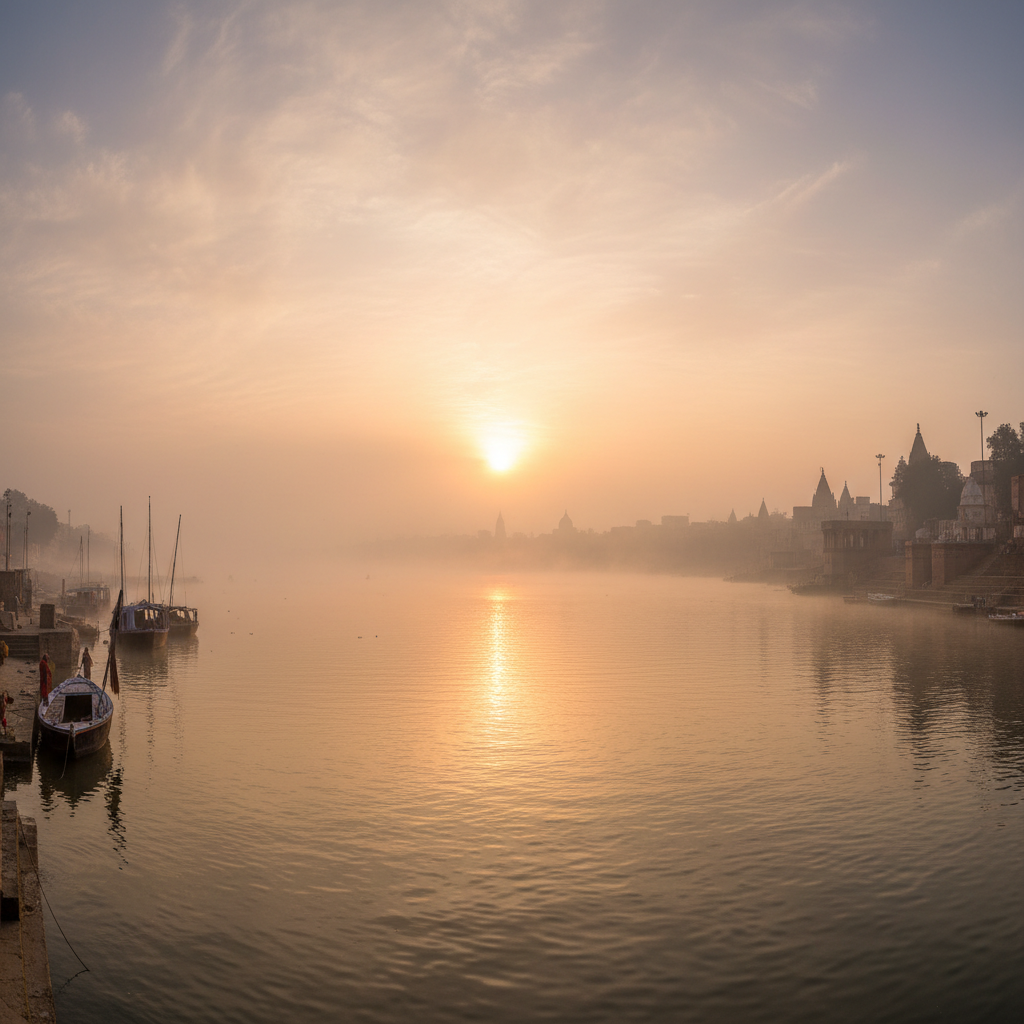 Wide panorama of the Ganges river at dawn with mist rising from the water
