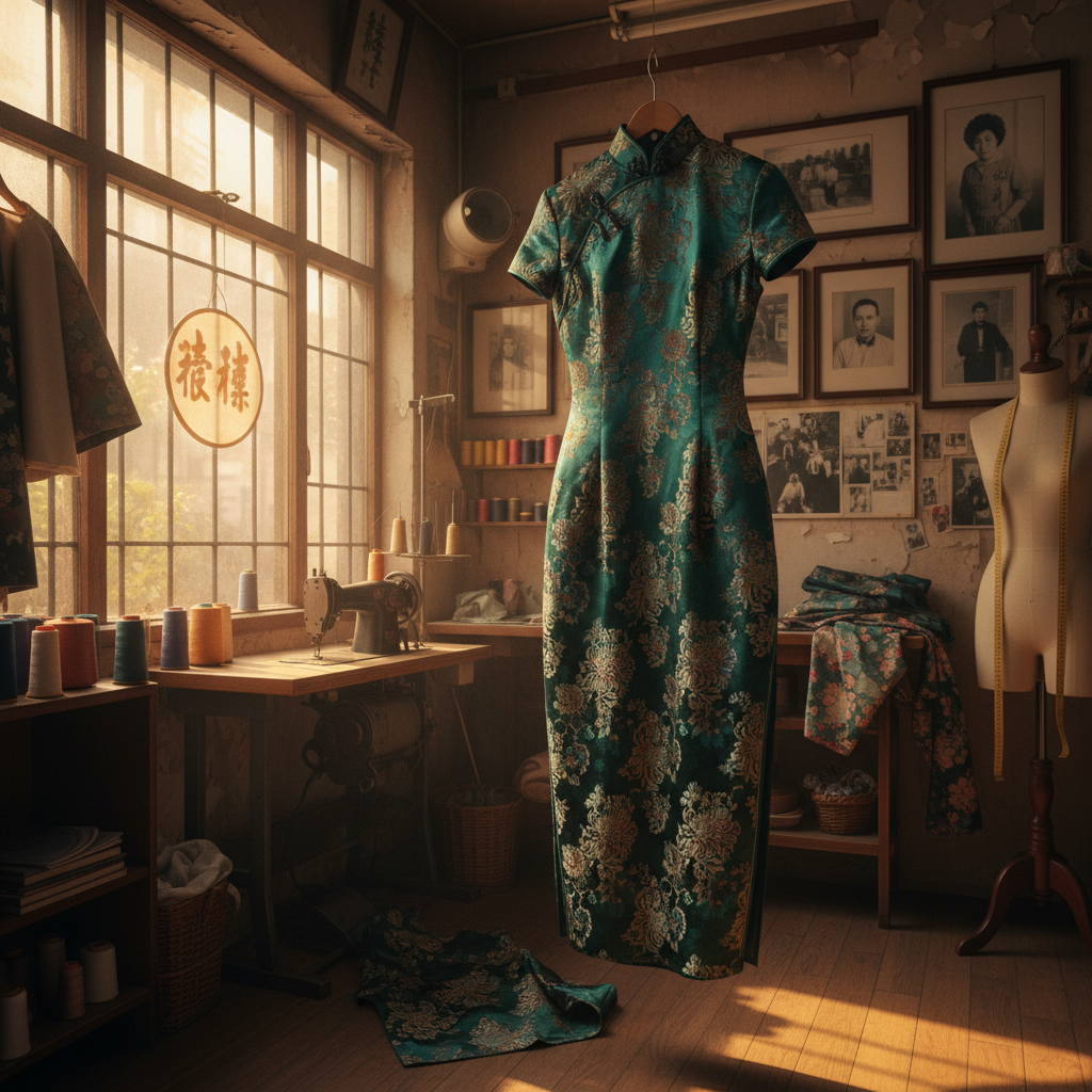 Vintage 1970s cheongsam dress in floral silk fabric hanging in a Kowloon tailor shop