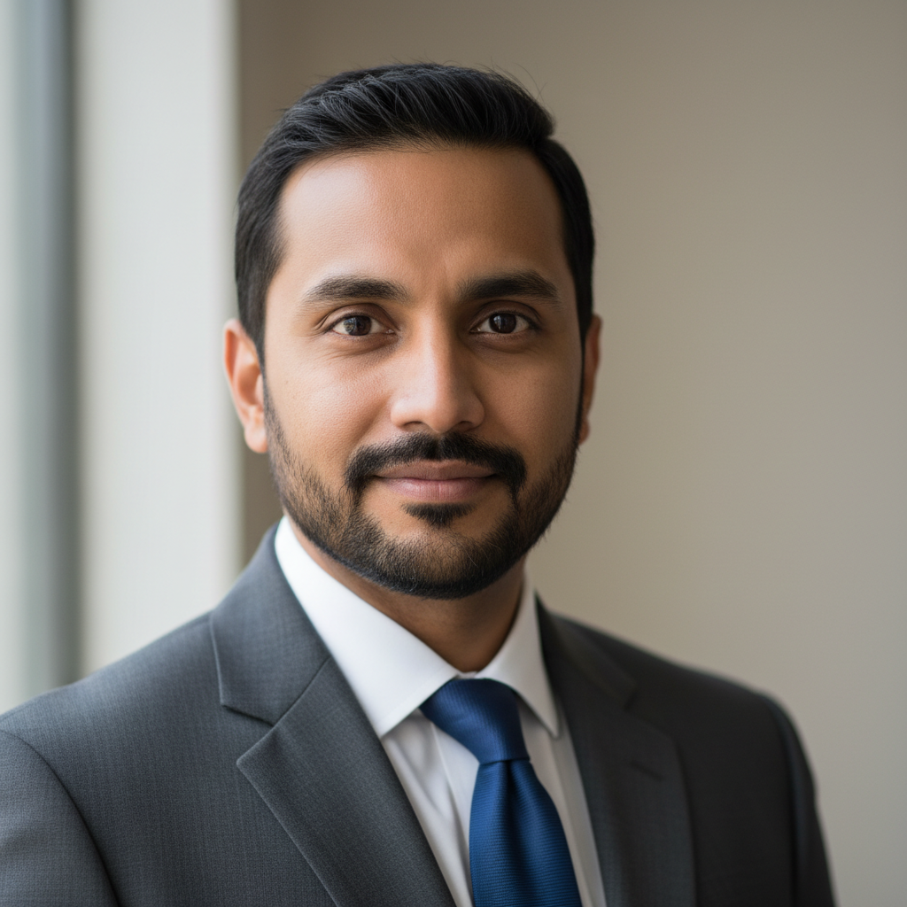 South Asian professional man in business attire, clean bright office background