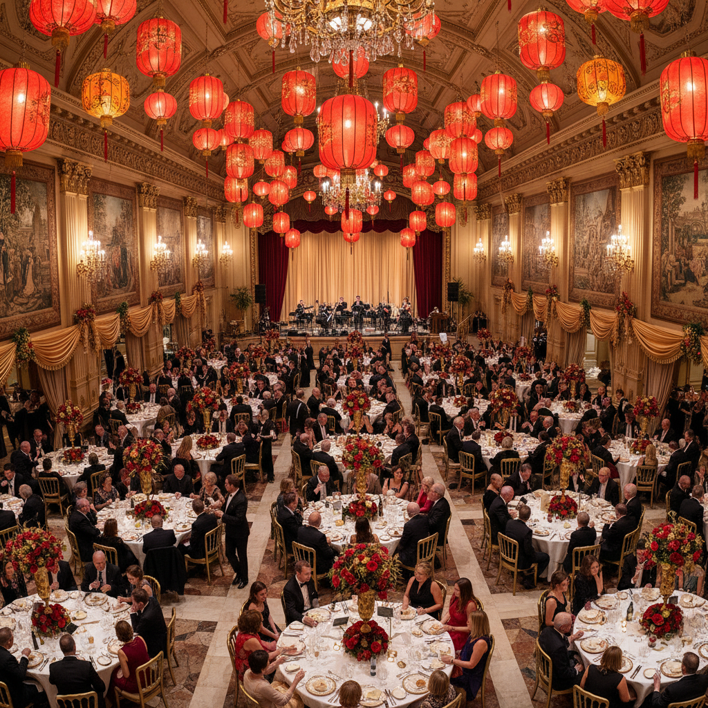 Grand ballroom with cascading red and gold lanterns above 380 seated guests