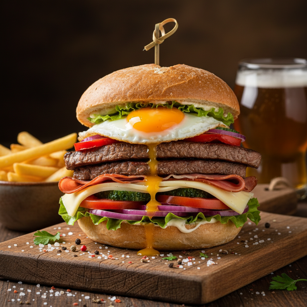 Stacked chivito sandwich with layers of meat, egg, and vegetables