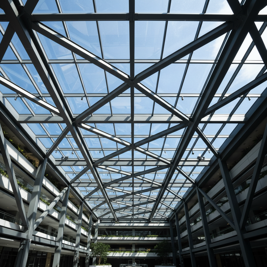 Looking up through glass atrium of civic tower with structural steel grid against sky