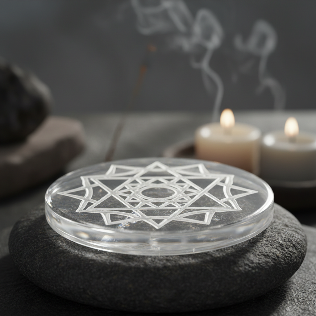 Crystal quartz Shri Yantra with nine interlocking triangles engraved on flat surface