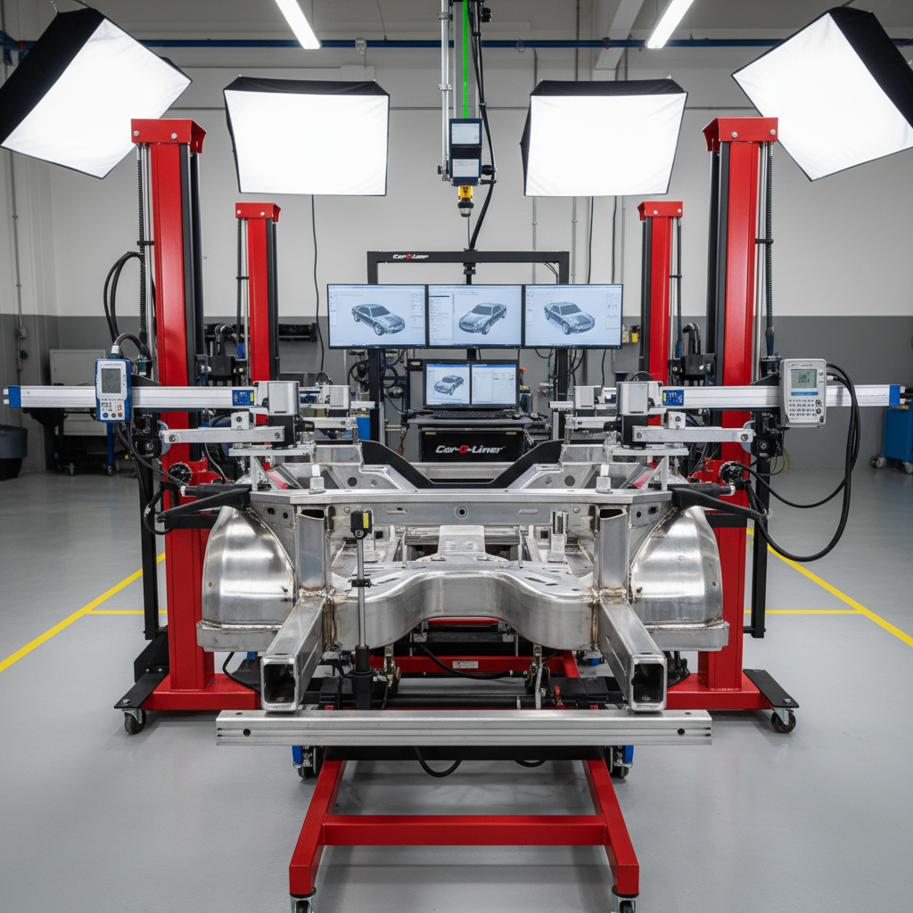 Car frame on a Car-O-Liner structural repair bench with precision measurement tools attached