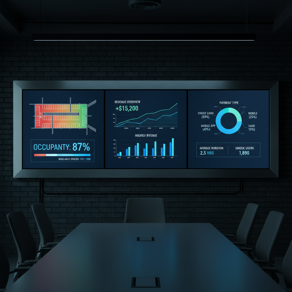 Dark boardroom with large screens showing operational data, executive meeting environment, dim professional lighting