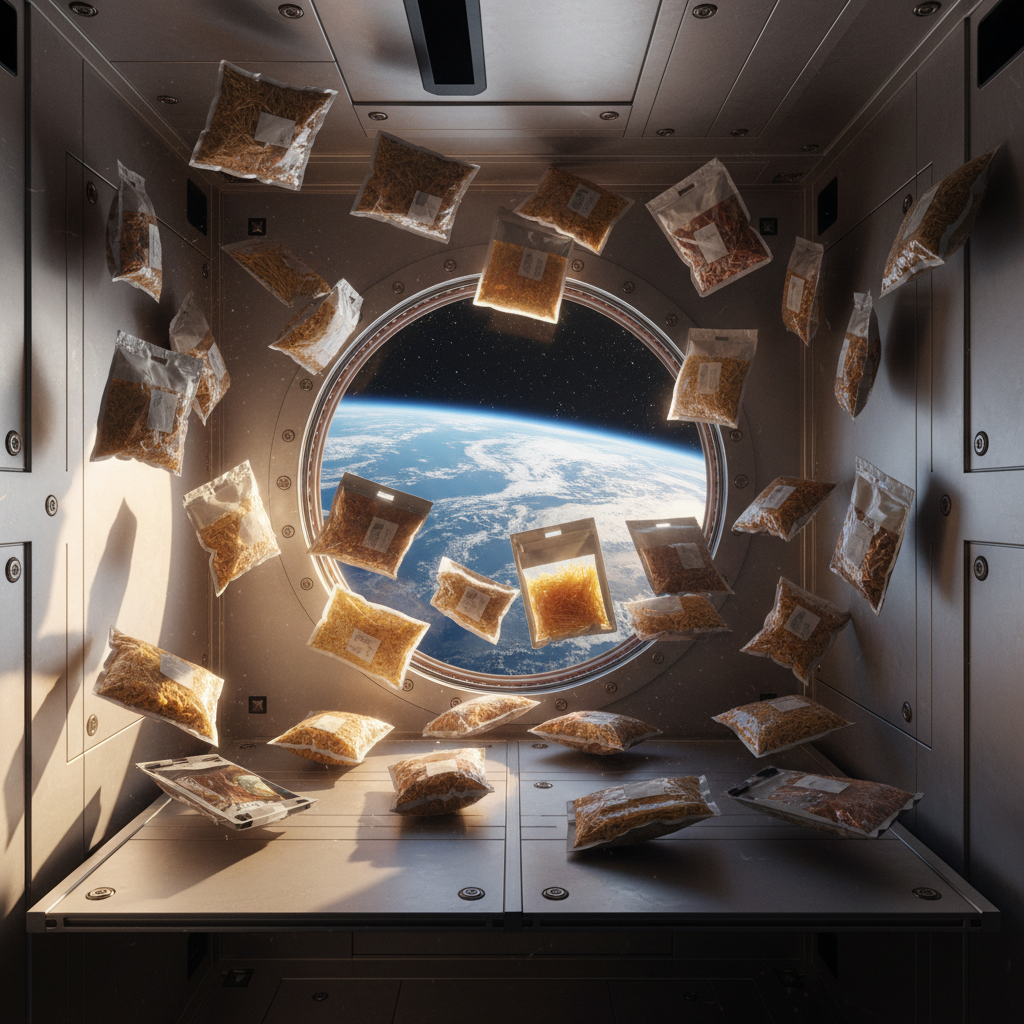 ISS interior galley module with food pouches and trays magnetically locked, Earth visible through porthole
