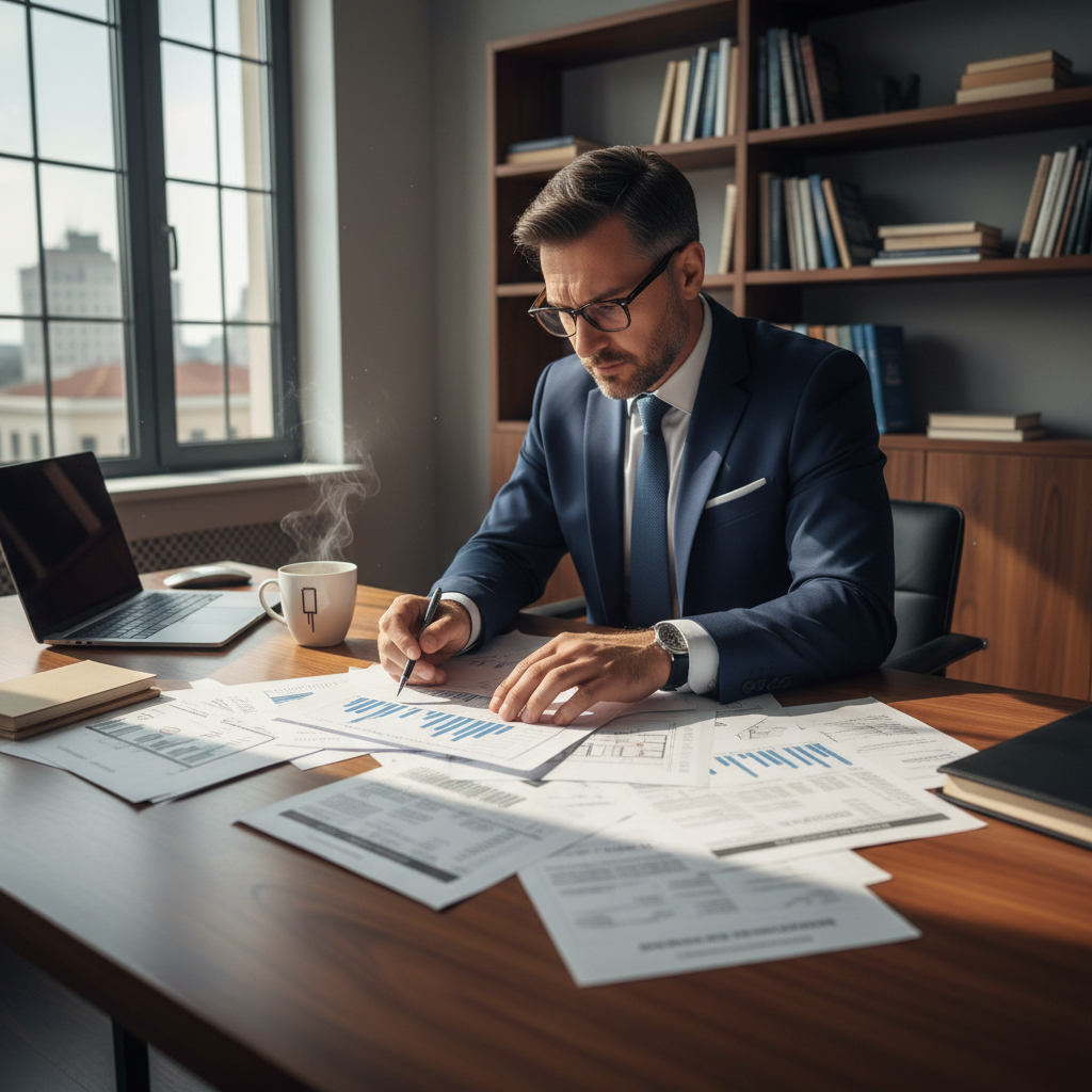 Real estate professional reviewing foreclosure documents at desk with property files