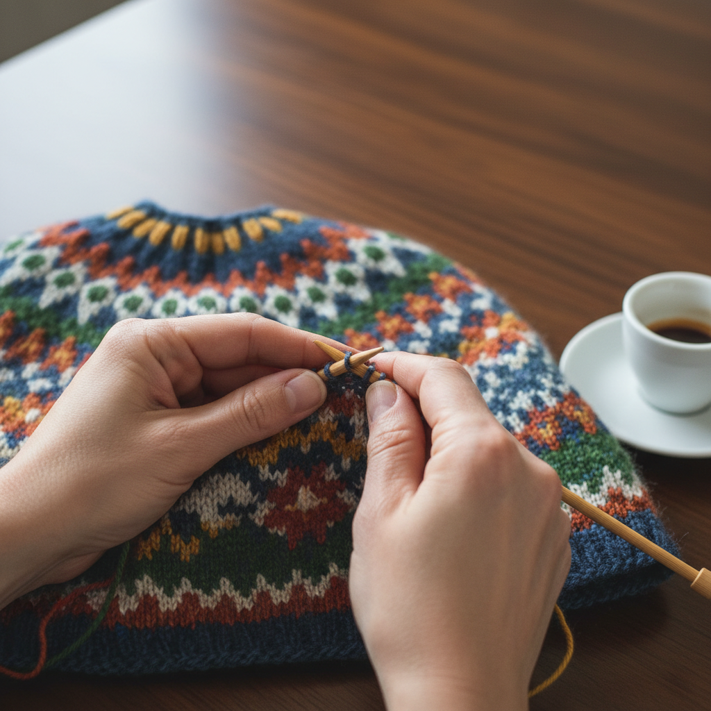 Two hands mid-stitch on a colorwork yoke draped across a dark walnut table with a single espresso cup at the edge of frame