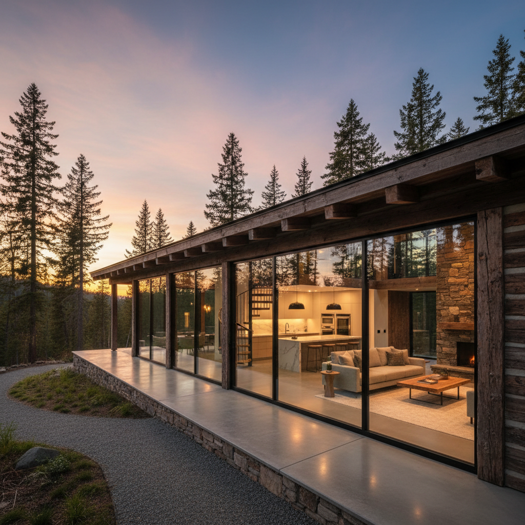 Beautifully restored cabin with modern interior visible through large windows at dusk