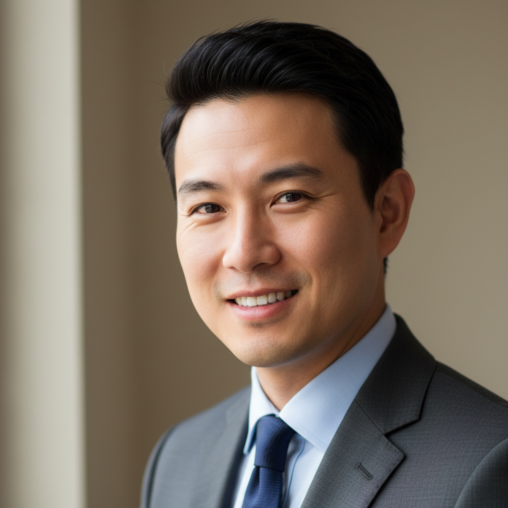 Asian man with short black hair in navy suit smiling confidently