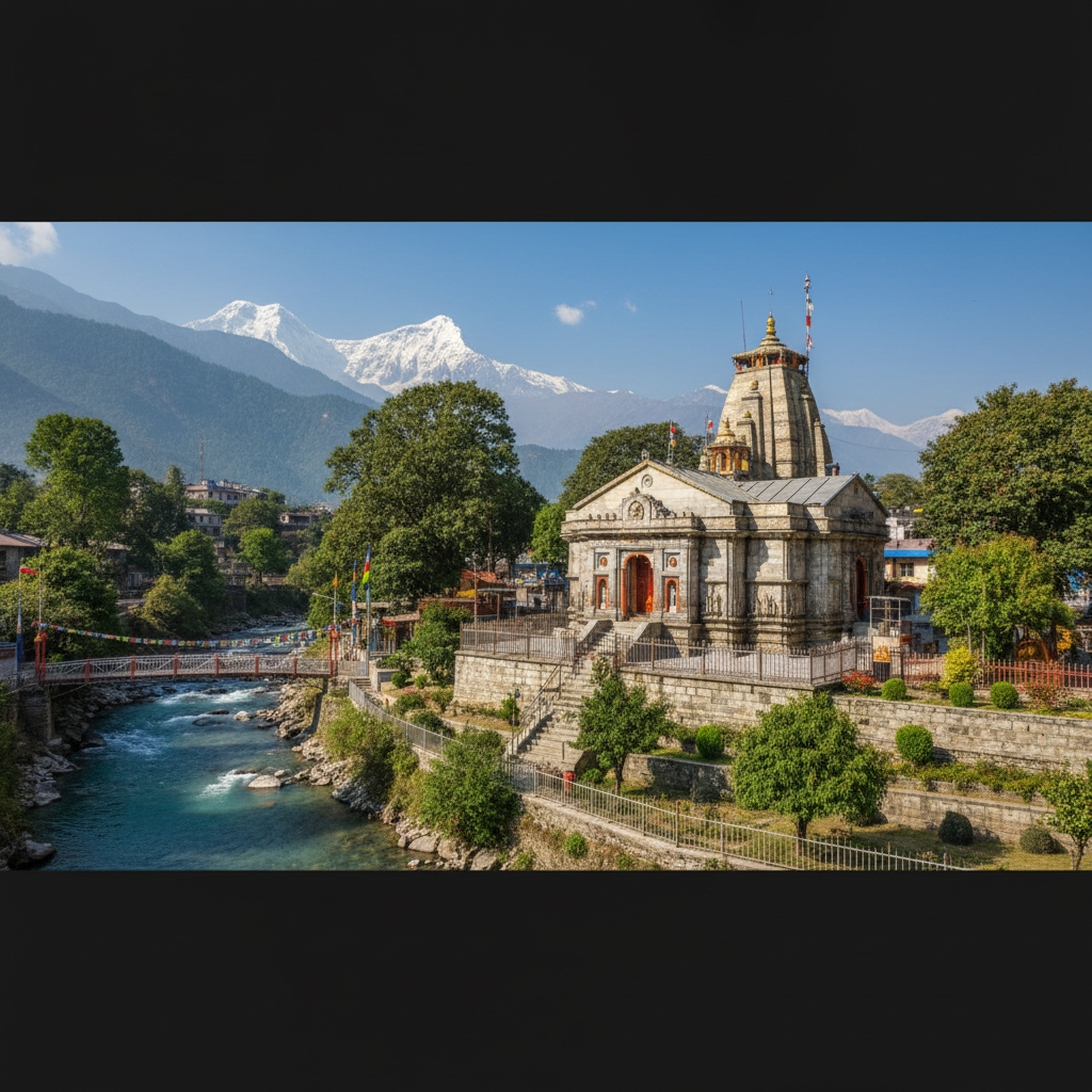Badrinath temple in Uttarakhand surrounded by snow-capped Himalayan peaks and green valley