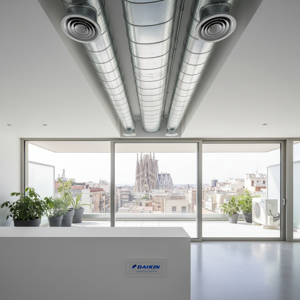Instalación de aire acondicionado por conductos en vivienda moderna de Barcelona con sistema inverter eficiente