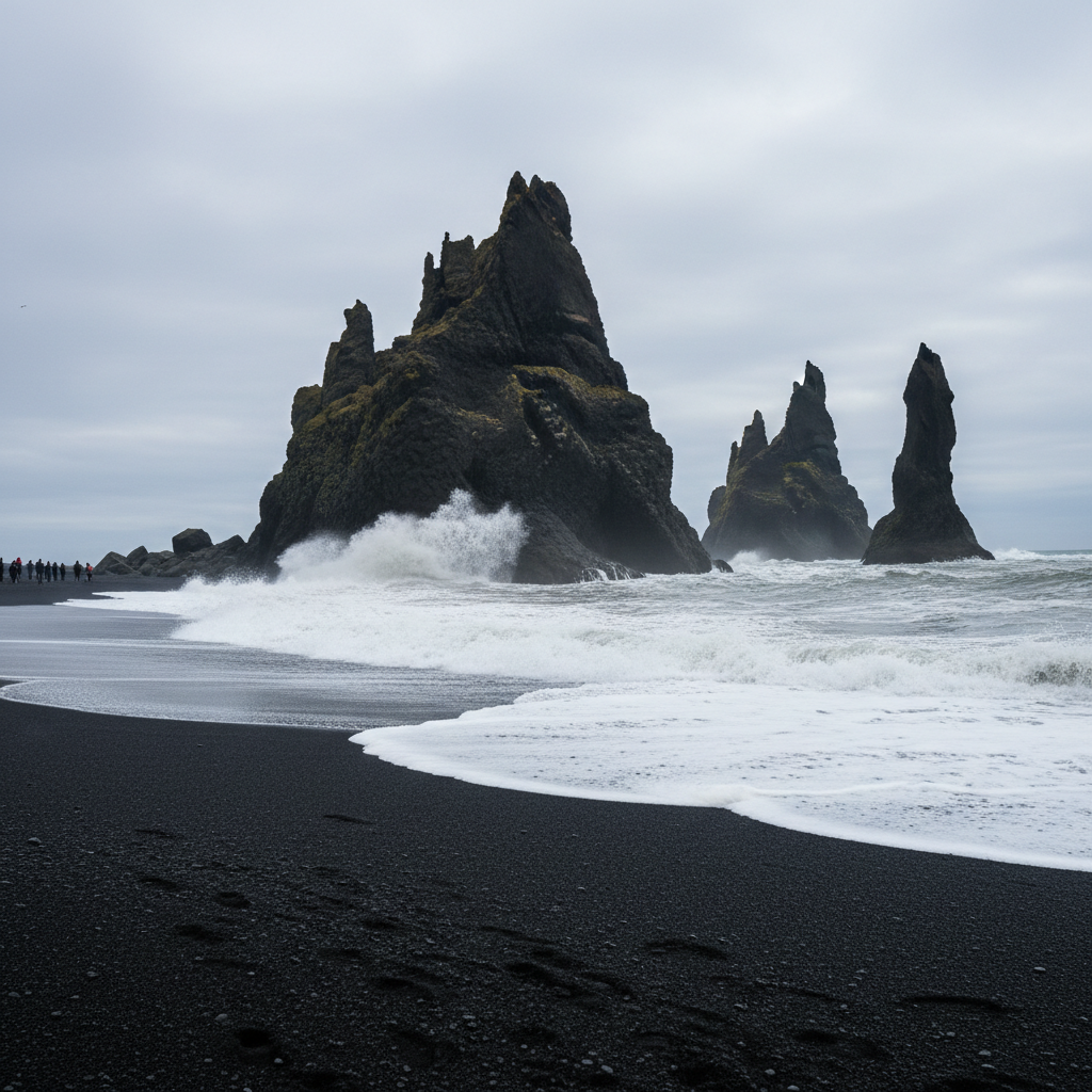Reynisfjara black sand beach with basalt columns Iceland