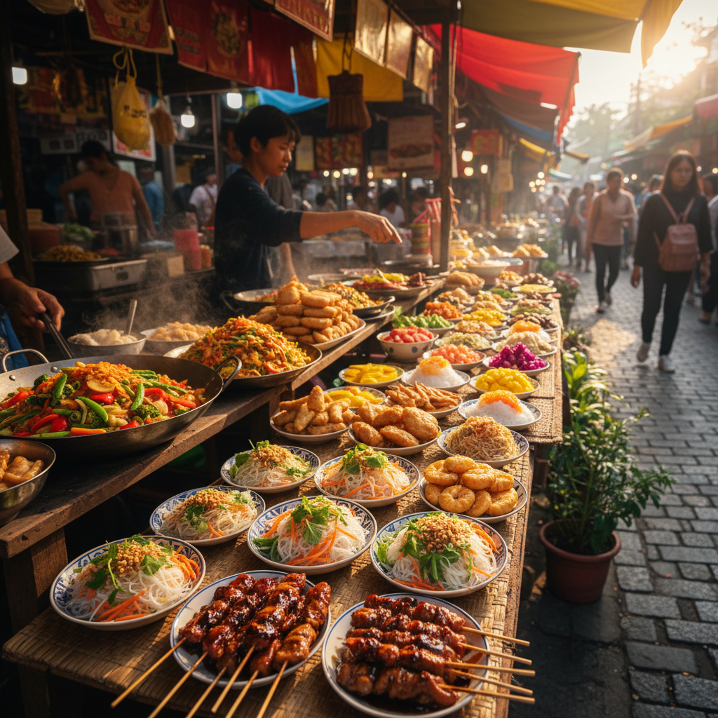 Colorful street food market stall with vibrant dishes, bright daylight, busy and lively atmosphere