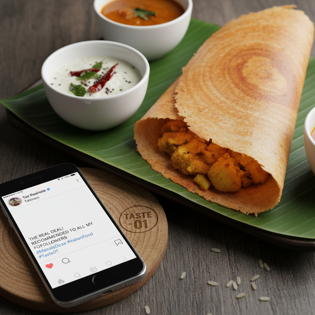 Paper Masala Dosa — Extra thin crispy masala dosa, Indian café food photography with warm colours and appetising presentation