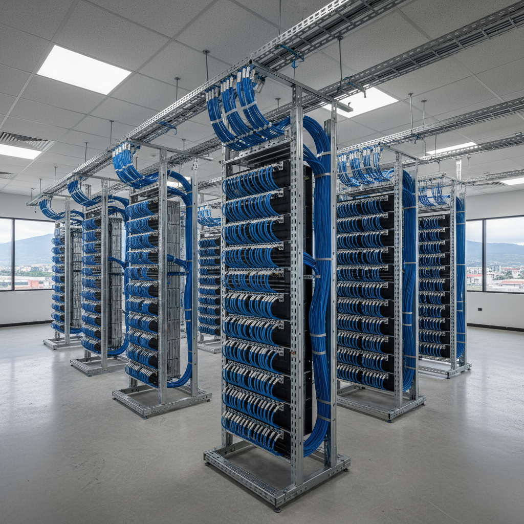 Modern server room with rows of blue-lit rack servers and organised cable management in a cool climate-controlled environment