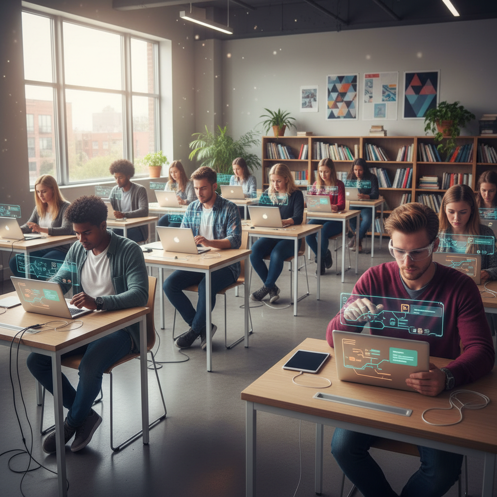 Futuristic classroom with holographic displays showing AI neural networks and blockchain diagrams